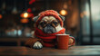 Cute pug wearing red scarf and hat and glasses sitting in cafe with red mug of coffe