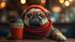 Cute pug wearing red scarf and hat and glasses sitting in cafe with coffee to go