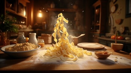 Poster - raw pasta made of dough flying over table with ingredients and bowl in kitchen.