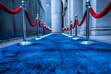 Blue carpet and red ropes create an elegant event or grand entrance. Concept Event Decor, Elegance, Grand Entrance, Red Carpet, Luxury Design