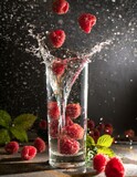 Fototapeta Dmuchawce - czerwone owoce wpadające z pluskiem do wysokiej szklanki z wodą 