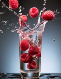 Fototapeta Dmuchawce - czerwone owoce wpadające z pluskiem do wysokiej szklanki z wodą 