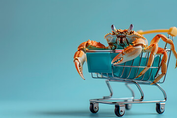 Shopping cart with orange crab isolated on turquoise background. Greetings or gift card. Minimal concept of discount, sale, choice, e-commerce, exotic food or seafood 