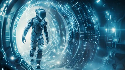 Wall Mural - a man in a space suit is walking through a tunnel. the tunnel is illuminated with bright lights and 