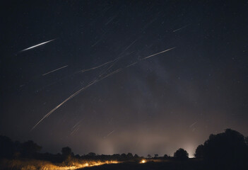 Wall Mural - Beautiful Meteor shower in the dark sky at night background Shiny of shooting star from space landsc