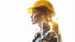 © inthasone - Double exposure of a young engineer woman and construction site with safety helmet letting see city buildings under construction on white background with copy space, business engineering concept.