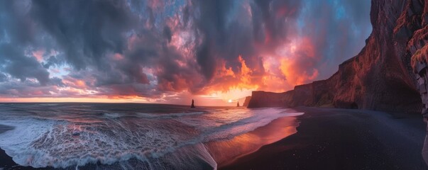 Wall Mural - Majestic sunset at black sand beach panorama