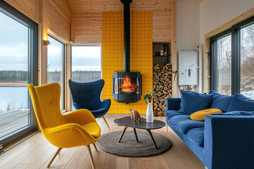 Wall Mural - Modern and stylish interior with yellow and blue furniture, chairs in the shape of an avocado and  fireplace in the background. Minimalist design with copy space