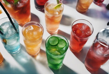 Wall Mural - Collection top view of glasses with Soda colorful drinks menu isolated on background mocktail or coc