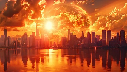 Wall Mural - a city with a large orange sun in the sky. the sun is reflecting off the water and the sky is filled
