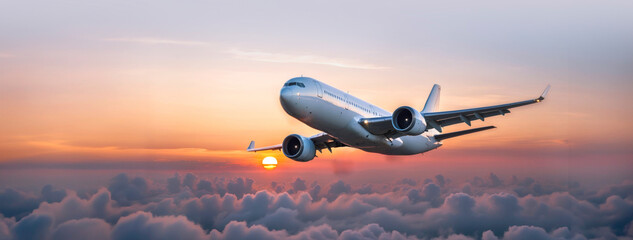 Aircraft jet flying through the clouds passing the setting sun