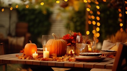 Poster - Thanksgiving table setting outdoors with pumpkins and candles. Autumn home decoration.