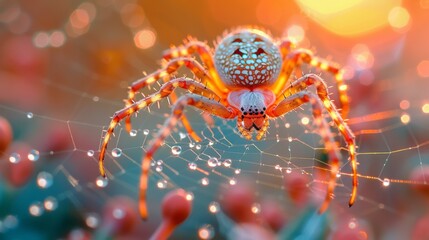 Discover the captivating beauty of a golden silk orb weaver as it gracefully traverses its intricate web, spinning delicate strands of shimmering silk in the warm glow of the morning sun.