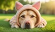 Cachorro vestindo onesie deitado em gramado