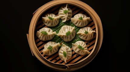 Poster - top view of bamboo steamer filled with delicate dumplings, each meticulously crafted and adorned with fresh cilantro leaves.