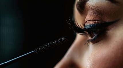 Close-up of beauty woman applying black mascara on eyelashes with makeup brush. Eyelash extensions, makeup, cosmetics. beauty, skincare. Copy space area