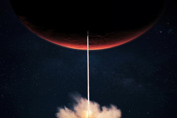Fototapete - Rocket with blast and smoke takes off to the red planet mars mars, concept. Spacecraft lift off to explore other planets. Rocket launch