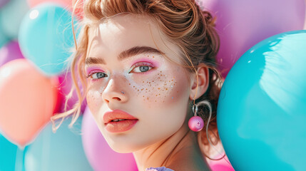 Beauty fashion model girl with creative art gems makeup. Beautiful woman face over colorful air balloons background