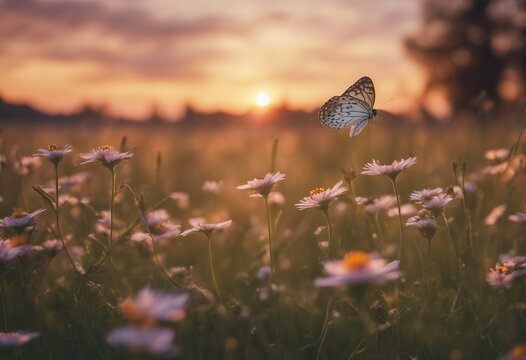 Nature garden field with fresh flower and butterfly wild grassland in spring season with sunset