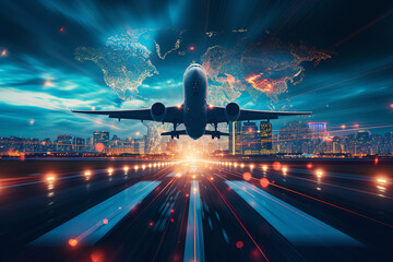 Wall Mural - Embracing the future: dynamic commercial air transport concept with airplane soaring against city skyline, Airplane taking off from airport runway on city, ideal copy space for tech-driven innovations