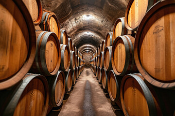 Wine barrels in wine vaults, Wine or whiskey barrels, French wooden barrels.