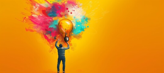 Wall Mural - A person showcasing a burst of vibrant hues and forms, crafting a light bulb shape amidst a yellow background.