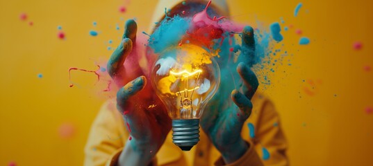 Wall Mural - A man holding up an illuminated light bulb with colorful splashes of paint around it, symbolizing creativity and innovation in digital marketing