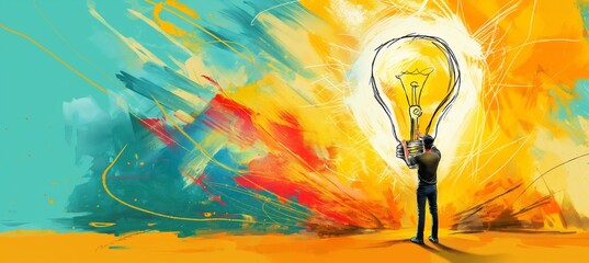 Sticker - A male figure showcasing a burst of vibrant colors and shapes, shaping into a light bulb against a yellow backdrop.