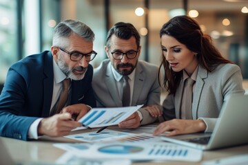 Photo of Business professionals discussing financial strategies computer planning adult.