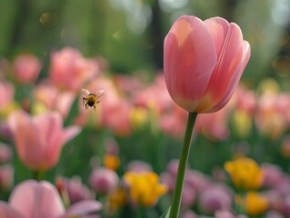 Canvas Print - Bees and tulips in spring garden