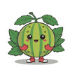 Kawaii Cartoon Watermelon and leaves Vector Illustration - Cute Fruit Art vector eps 10