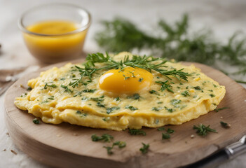 Wall Mural - Tasty yellow Omelet or scrambled egg with pepper and herbs on wooden board