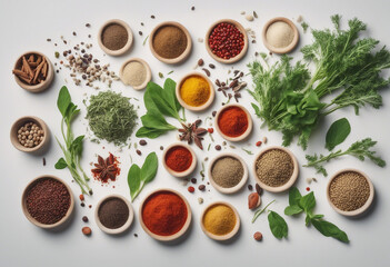 Wall Mural - Top view of Herbs and spices isolated on background ingredients for cooking food healthy vegetables