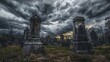 © MuhammadAli - In the heart of an ancient cemetery, weathered tombstones stand sentinel beneath a sky heavy with foreboding clouds.