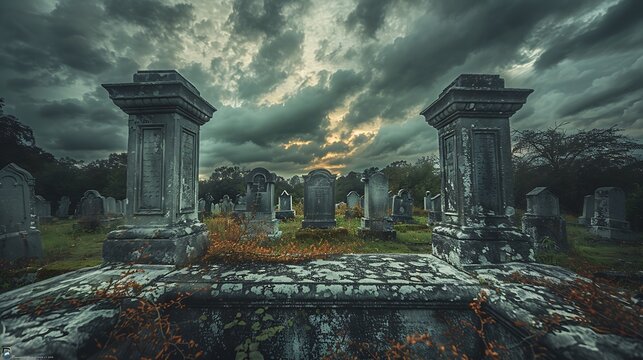 In the heart of an ancient cemetery, weathered tombstones stand sentinel beneath a sky heavy with foreboding clouds.