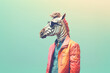 Creative funky portrait of a man with zebra head in sunglasses. Conceptual modern art.
