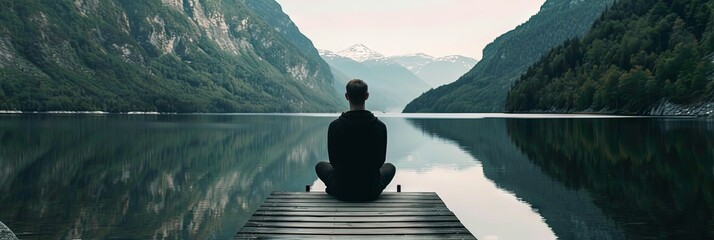 Poster - A lone figure sits on a wooden dock contemplating the serene and majestic mountain ringed lake before them a moment of solitude and reflection amidst