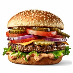 Sticker - Appetizing Artisanal Hamburger with Fresh Ingredients on White Background