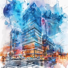 Canvas Print - Architect s Watercolor Graphic of Vibrant Urban Cityscape with Towering Skyscrapers and Bustling Downtown Scene