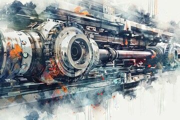 Poster - Futuristic Production Line Machinery Watercolor Graphic with High Detail and Vibrant Textures