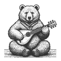 bear playing a mandolin, capturing the playful fusion of wildlife and music sketch engraving generat
