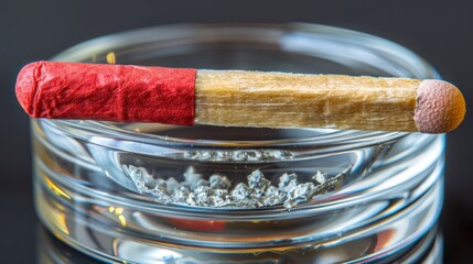   A red and yellow matchstick protruding from a glass of water, resting on ice at the base