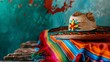 Vibrant Mexican sombrero and traditional textiles on rustic wooden table