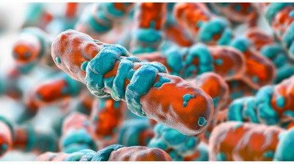 Wall Mural -   A tight shot of a cell exhibiting blue-hued and orange-tinted walls, encasing a centrally located red blood cell