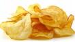   A stack of potato chips on a pristine white table, accompanied by a mound of chopped potatoes chips nearby