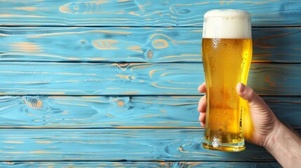 Wall Mural -   A person holds a tall glass of beer against a blue, wood-planked wall Behind them is a similar wooden backdrop