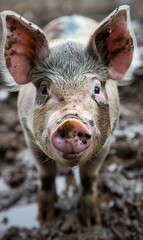 Poster - A pig with a big nose and ears standing in mud. Generative AI.