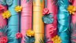   A tight shot of assorted rolls of paper, each adorned with flowers and leaves atop