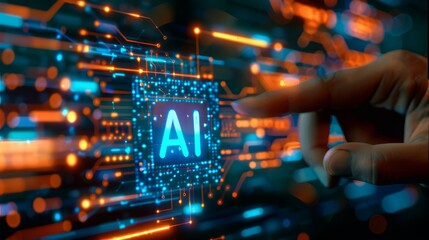 A hand is pointing at a glowing computer chip with the letters AI on it. Concept of technological advancement and the potential for artificial intelligence to revolutionize the way we live and work