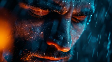 Wall Mural - a close up of a man with his eyes closed in the rain. generative ai.